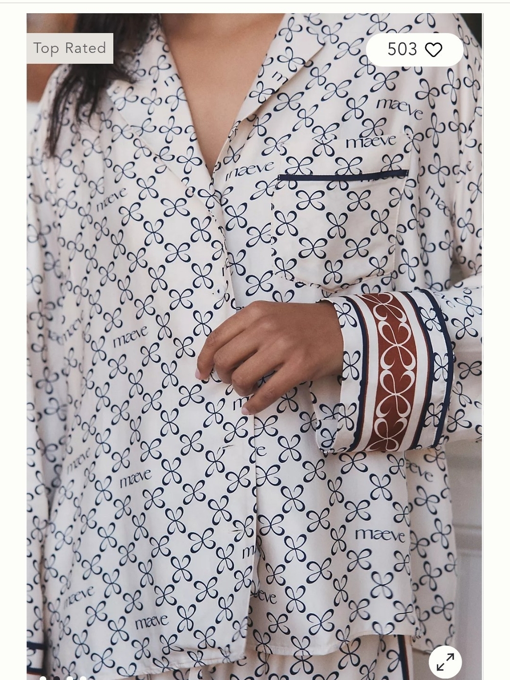 Maeve Printed Satin Pajama Top in Navy on Cream